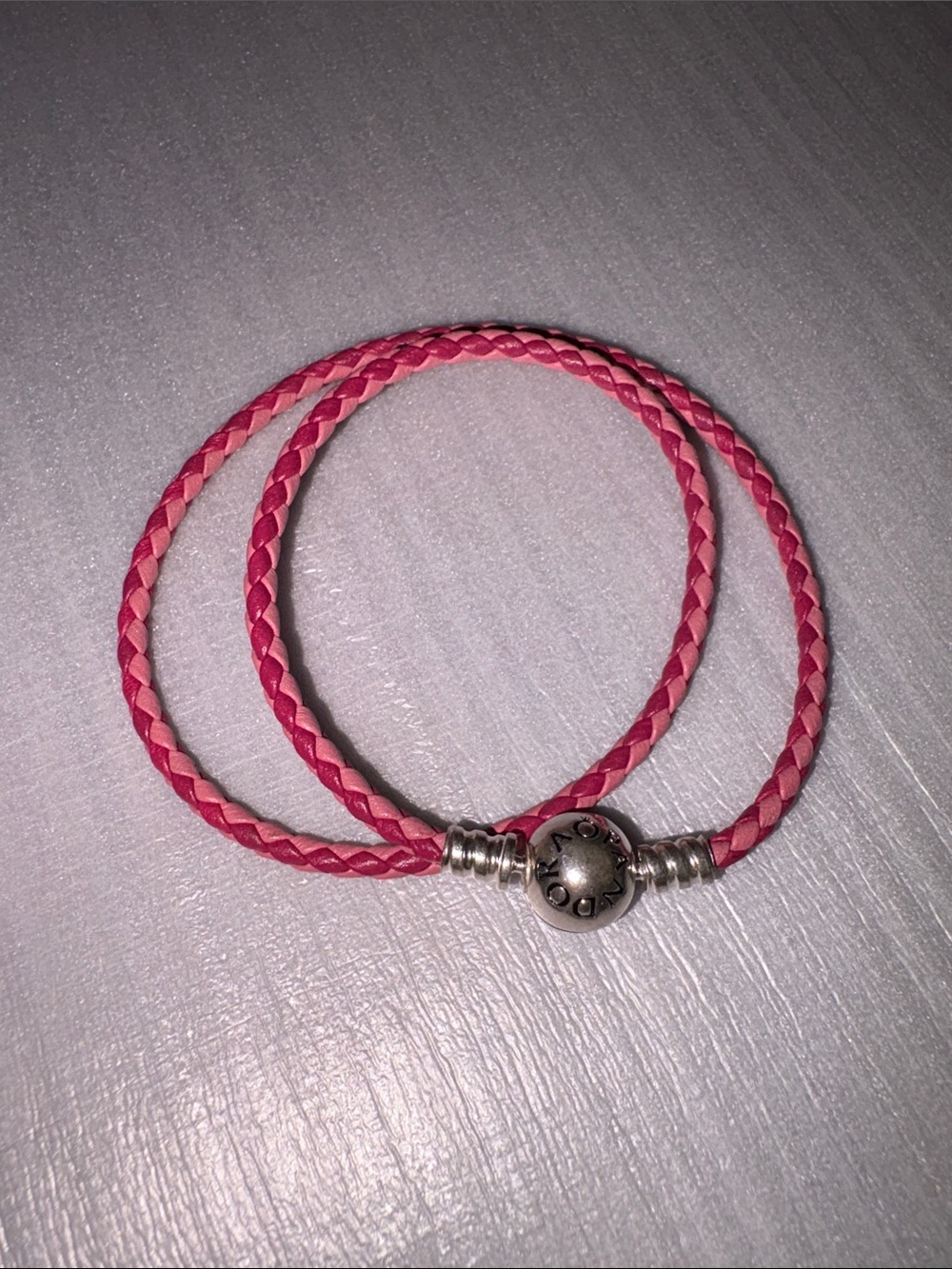 Pandora Pink Braided Leather Wrap Bracelet Silver Ball Snap Clasp.
